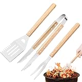 Dubbulon Grillzubehör,3X BBQ Zubehör Für Grillrost Mit Rostfreien Hitzebeständigen Griffen Aus Holz & Antirutsch-Design - Küchenhelfer Für Steak Pizza Schweinekotelett Burger Salat Kuchen
