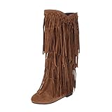 Damen Plus Size Winter Chunky Heel Fringe Boots Inside Booster Mid Length Boots Wide Calf Over Knee Boots for Women, gelb, 40 EU