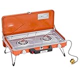 Outsunny Gasgrill, Tischgrill BBQ mit 2 Brennern, Klappbares Tischgasgrill mit Schlauch, Regler, Campinggrill für Picknick, Garten, Edelstahl+Metall, Orange, 46,5 x 33,5 x 17,4 cm