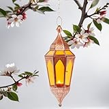 Orientalisches Windlicht hängend Glas Lalita Orange 41 cm groß | Orientalische Glas Teelichthalter Hängewindlicht mit Henkel orientalisch | Marokkanische Windlichter als Hängewindlichter