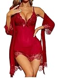 LUODOOHE Sexy Dessous für Damen Spitzen-Babydoll mit Morgenmantel Nachtkleid Nachtwäsche (Weinrot, XL)