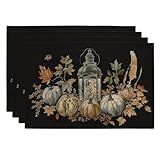 Platzdeckchen mit Laternenmotiv, schwarzer Kürbis und Blatt, dekorative Tischsets für Esstisch, rutschfest, waschbar, für drinnen und draußen, Herbstparty, 4er-Set
