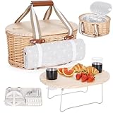 Picknickkorb-Set für 2 Personen – Isolierter Weidenkorb mit wasserdichter Decke, klappbarem Picknicktisch für Wein & Bestecksets, Picknickkörbe-Set für Camping, Outdoor, Valentinstag (Weiße Blume)