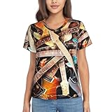 Damen Klassische V-Ausschnitt T-Shirt Blumenmuster Drucken Casual Lose Oberteil T-Shirt Kurzarm V-Ausschnitt Slim Fit Kurz Shirt T-Shirt Muster Casual Loose Fit Basic Sommer Top S-3XL, Magic E-Gitarre