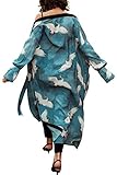 YouKD Damen Sommer Baumwolle Langarm Cardigan Maxi Boho Kleid Strand Vertuschung Robe Lang Kimono One Size