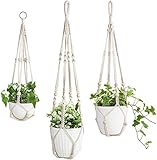 Mkouo 3er Set Makramee Blumenampel Pflanzenhänger Innen Pflanzkorb Hängender Blumentopfhalter Baumwollseil mit Perlen ohne Quasten, 58cm/73cm/89cm