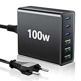 HSSNS USB C Ladegerät Mehrfach: 100W 6-Port Schnellladegerät mit USB-C und USB-A, Tragbarer USB c netzteil für ipad, iPhone Series und andere Smartphones
