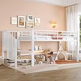 Gxffipw Hochbett Kinderbett, Bett 90x200 cm mit Treppe und Rausfallschutz, Einzelbett Etagenbett mit Handlauf, Jugendbett Metallbett Bettrahmen mit Metallgerüst, Weiß, Ohne Matratze