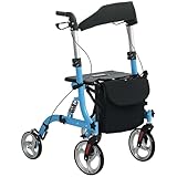 HOMCOM 4-Rad-Rollator mit Sitz und Rückenlehne, leichte, faltbare Gehhilfe mit großen Rädern, Tragetasche, höhenverstellbar, Aluminium-Gehgestell mit zwei Bremsen für Senioren, blau