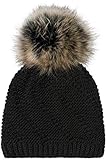 styleBREAKER Unisex Einfarbige Strick Bommelmütze fein gestrickt mit Fleece Futter, Winter Fellbommel Mütze 04024175, Farbe:Schwarz