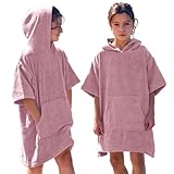 CalmyBEACH Frottee Badeponcho Mädchen Jungen - Kinder Surf Poncho 100% Baumwolle Strandponcho Handtuch mit Kapuze Umziehhilfe Surfponcho Bademantel (Alter 3-5, Altrose)