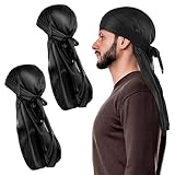 WLLHYF 2-teilig Silky Durag Herren-Seidenhaube, 360 Wellen, ultraweiche Wellenkappe, Premium-Satin-Durags Langer Schwanz, Schwarz