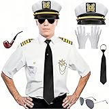 Kapitän Kostüm Männer Marine Weiß Kostüm-8Stück mit Kapitäne Mütze Weiß Jacke Handschuhe, Boot Kapitän Halloween Karneval Männer Kostüm Cosplay Party für Erwachsene (M.)