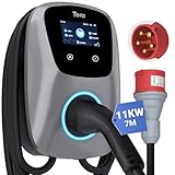 Tera Smart EV Ladegerät Typ 2 22kW oder 11kW Heim Ladestation 32A 400V CE & TÜV mit APP/WLAN/Bluetooth Wallbox 7m Ladekabel mit Ladegerätehalter CEE 3-Phasen Stecker für EVs & PHEVs W01 Silber