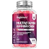 Multivitamin Gummibärchen - 120 Gummies mit 13 Zutaten - Mit Jod, Vitamin C, A, D3, E, B9,B5, Biotin, Zink - Mit Erdbeergeschmack - 2 Monate Vorrat - Alternative zu Kapseln - WeightWorld