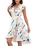 KOJOOIN Damen Kleid Elegant Ärmelloses Wickelkleid Sommerkleider Casual Strandkleid Lange Blumenkleid Partykleid(Verpackung MEHRWEG),Gelb,M