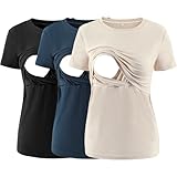 Love2Mi 3er Pack Damen Stillshirts kurzen Umstandstop T-Shirt Überlagertes Design zum Stillen T-Shirts fur Schwangere