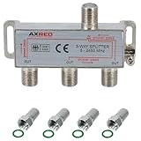 AXRED Sat Verteiler 3fach + 4X Anadol F-Stecker, für Verteilung von 1 Antennensignal auf 3 Endgeräte (Receiver/Fernseher/UKW Radio) 3-Fach Satverteiler Sat Splitter Satswitch Antennenverteiler