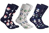 BRUBAKER 3 Paar Weihnachtssocken - Lustige Socken für Damen und Herren mit Weihnachtsmotiven - Schneemann, Pinguine und Weihnachtsmann - Baumwolle Blau - Geschenk Weihnachten - One Size EU 41-45