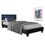 Juskys Polsterbett Verona 90x200 cm mit LED-Beleuchtung, Lattenrost & Kopfteil, Bett mit Gestell aus Holz & Kunstleder Bezug, schwarz