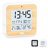 ADE Funkwecker digital mit Batterie | 2 Weckzeiten | Temperaturanzeige | Luftfeuchtigkeit | Gehäuse mit echtem Bambus | Reisewecker | Funkuhr mit DCF Zeitsignal | Schlummerfunktion