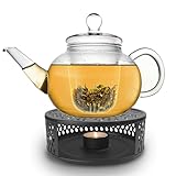 Creano Teekanne aus Glas 1,2l + schwarzes Stövchen aus Edelstahl - Glasteekanne mit Glas-Sieb und Deckel - ideal zur Zubereitung von losen Tees - 100% tropffrei
