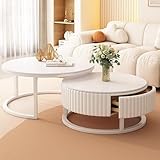 Runder Couchtisch Weiß 2er Set Marmor Couchtisch Mit Stauraum Schublade Versenkbarer Couchtisch Modern Mit Metallrahmen Tisch Wohnzimmer Einfacher Aufbau Couch Tisch Für Schlafzimmer Wohnzimmer