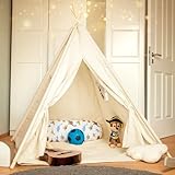 ALRITHO® Tipi Zelt für Kinder aus 100% Baumwolle & Holz inkl. Kuschelmatte, Tragetasche & Stabilisator | Spielzelt [weiß] | drinnen & draußen | Für viel Spaß im Kinderzimmer für Jungen & Mädchen