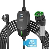 Ladekabel Typ 2 schuko 3.68KW [6.1m|6-16A] Tragbares Ladekabel EU Standard Schuko 2-Pin Ladegerät mit OLED Bildschirm für i3, e-Up, ID.3, ID.4, Zoe, fortwo, Kona - EVDANCE