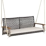 LIFEZEAL 2-Sitzer Rattan Hängeschaukel, Hängebank Gartenschaukel mit Sitzkissen, Doppelschaukel aus PE-Rattan mit Terrassenseile, Hollywoodschaukel mit Rückenlehne & Armlehnen aus Holz (Beige)