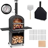 CLEEMAN Pizzaofen für den Außenbereich, Holzfeuer, Pizzaofen mit 30,5 cm Pizzastein, Pizzaschieber und 2 Beistelltischen, Pellet-Pizzakocher mit Rädern und wasserdichter Abdeckung, tragbarer