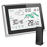 Wetterstation Funk mit Außensensor, Wettervorhersage/Thermometer/Funkwetterstation/Digitaluhr/LCD Touchscreen/DCF Funkuhr für Temperatur und Feuchtigkeitsüberwachung Innen/Außen