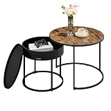 VASAGLE Couchtisch rund, 2er Set, Beistelltisch, Satztisch, modern, versteckter Stauraum, Tablett, für Wohnzimmer, Schlafzimmer, Balkon, vintagebraun-tintenschwarz LCT044K01