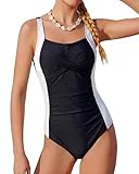 JiAmy Badeanzug Mädchen Einteiler Retro Falten UV Kinder Schwimmanzug Verstellbar Träger Badeanzüge für Mädchen,Schwarz,11-12 Jahre,150