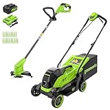 Greenworks 24V Akku-Rasenmäher & Kantenschneider Kombi – Bürstenloser Motor, 33 cm Rasenmäher mit 30L Fangkorb, 25 cm Verstellbarer Kantenschneider, inklusive 24V 4Ah Akku, Ladegerät & 20 Fadenspulen