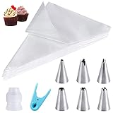 HAKACC Spritzbeutel Einweg, 100 Stück Spritztüte Set Piping Bags + 6 Spritztüllen+ 1 Kuchen Kupplung für Backzubehör Torten Dekoration Cupcakes