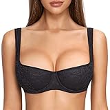 DOBREVA Damen Push Up BH Dirndl Bügel Balconette Spitzen BH Sexy Leicht Gepolstert Große Größen Schwarz 95C