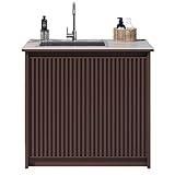 Waschbeckenunterschrank für den Außenbereich, Waschtisch mit Stauraum, Edelstahlspüle & großer Raum, stilvolles Streifen-Design für Küche oder Terrasse (Braun)