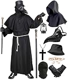 Pestdoktor Kostüm Herren Pestarzt Kostüm Karneval Mittelalter Steampunk Cosplay Pest Doktor Maske mit Mönchskutte Zepter Hut Handschuhe Plague Doctor Costume Outfit ür Halloween Fasching Party 044XL