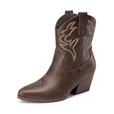 DREAM PAIRS Damen Cowboy-Cowgirl-Stiefel, bestickt, genäht, kurze Westernstiefel, niedriger Blockabsatz, spitze Zehenpartie, Stiefeletten,Size 39,Braun,DWUMAB2504