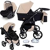 GaGaDumi Boston Kinderwagen 3 in 1 Komplettset mit Autositz - Kombikinderwagen mit großen Rädern - TÜV-zertifiziert - Baby Stroller Set - für Neugeborene und Kleinkinder Beige Schwarz