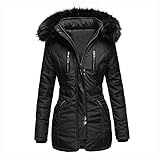 Cantissa Langer Damen-Parka mit Pelzbesatz, mit Kapuze, gepolstert, Winterjacke, Mantel, Winter, warme Baumwolle, Steppjacke, Parka mit Kunstfell-Kapuze, Y2-schwarz, 3XL