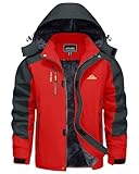 KEFITEVD Winterjacke Herren Wasserdicht Warm Skijacke Winter Jacke Outdoor Herrenjacke mit Kapuze Angeljacke Fleecejacke Reißverschluss Winterparka Rot XL