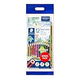 STAEDTLER Buntstifte Noris colour, rutschfeste Soft-Oberfläche, hohe Bruchfestigkeit, Made form Upcycled Wood, Set mit 12 brillanten Farben, Bonuspack mit Radierer und Bleistift, 61 SET6