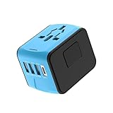 SUIOPPYUW Adapter Wandladegerät mit 4 USB Anschlüssen, Internationale Hochgeschwindigkeits Steckdose, Multi Plug Ladezubehör, Reisen, Blau Schwarz, AU/UK/US/EU Stecker