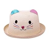 Kinder Mädchen Faltbarer Strohhut Sonnenhut Breite Krempe Sommerhut für Mädchen Kinder Atmungsaktiver Strand mit Cartoon Katze Dekoration für den Urlaub Reise Outdoor-Aktivitäten (Beige, One Size)