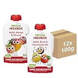 FRECHE FREUNDE Bio Quetschie, 6x Apfel, Birne & Passionsfrucht, 6x Apfel, Mango & Pfirsich, Fruchtmus im Quetschbeutel, für Kinder & Babys ab 6 Monaten, vegan, 2x 6er Pack (12 x 100g)