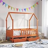 Hoopleep Kinderbett mit Schubladen 70x140 cm, Massivholz Kiefer Hausbett, Wachsbraun, Robustes Bettgestell mit Rausfallschutz & Stauraum, Inklusive 2 Rollschubladen, Für Kinder ab 4 Jahren