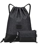 LIVACASA Turnbeutel Hipster Sportbeutel Wasserabweisend Mit Leder Gym Beutel Gefüttert Mit Innentasche Schlüsselbund Damen Gym Bag Herren Tüte Rucksack Außentasche Gymsack Schwarz mit Geldtasche