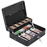 HAITRAL Geldkassette abschließbar, Banknoten und Münzsafe, Geldkasse aus Metall, Tragbare große Geldkassette mit 2 Schlüsseln - B 30 x T 24 x H 9 cm, Schwarz